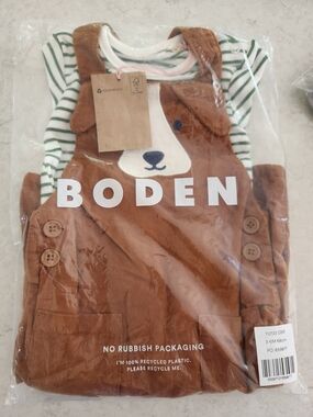 NWT Boys Boden Corduroy Dungaree Bear Overalls Set - 3-6 Months